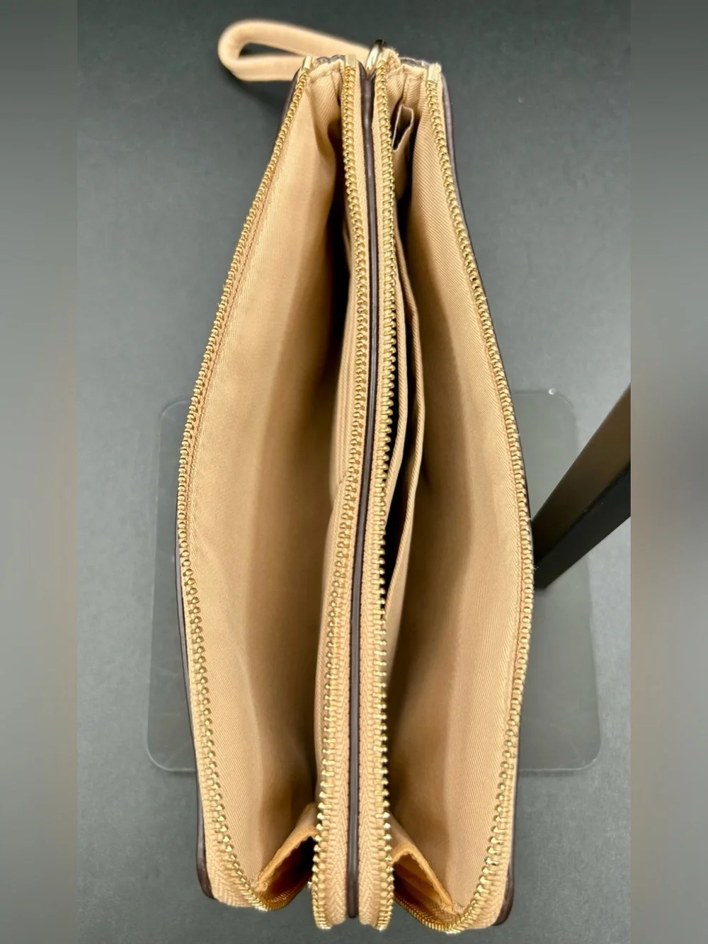 COACH Pebble Leather Double - Zip Wristlet in a neutral tan - Gold-Tone Hardware